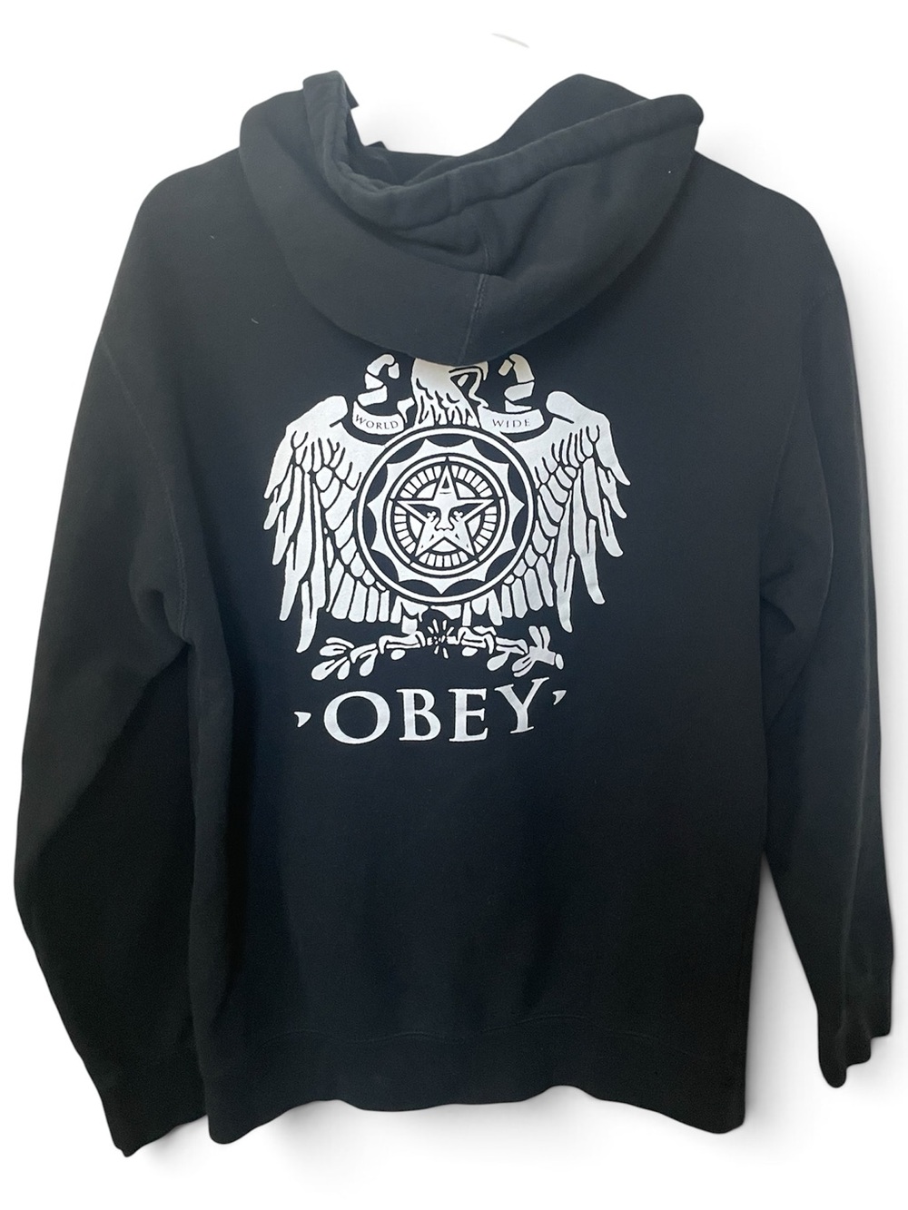 Obey Black White Pullover Hoodie with Crest Logo & Andre the Giant Size S